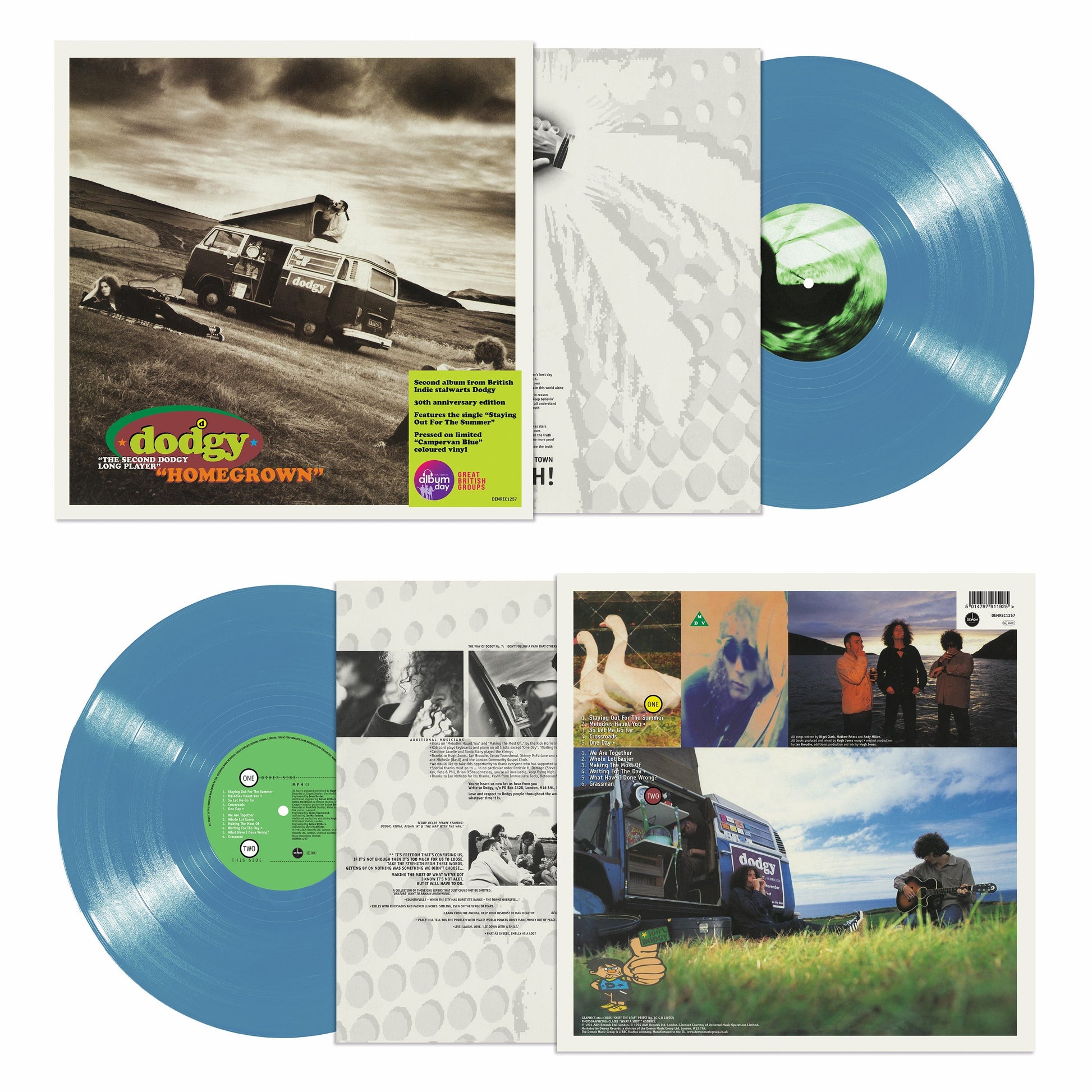 Dodgy Homegrown vinyl record set including blue disc, album cover, and back sleeve.