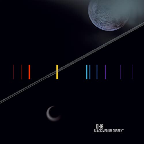 Album cover with a dark background, a planet, thin diagonal lines, and colorful vertical bars.