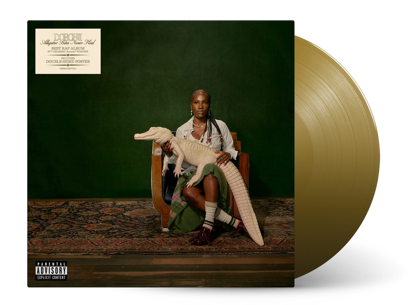 Doechii album cover featuring artist with an alligator, gold vinyl record beside.