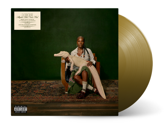 Doechii album cover featuring artist with an alligator, gold vinyl record beside.