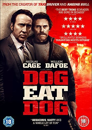 DVD cover for "Dog Eat Dog" featuring Nicolas Cage and Willem Dafoe in suits.