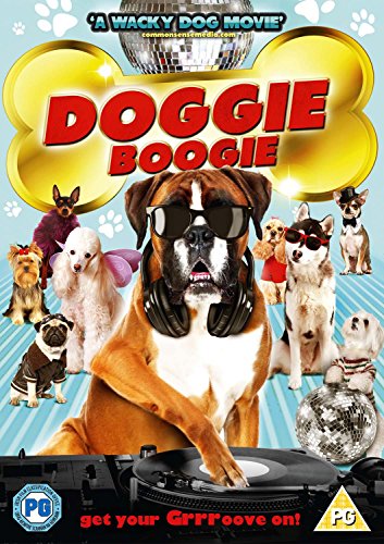 DVD cover for "Doggie Boogie" featuring many dogs, one with headphones.