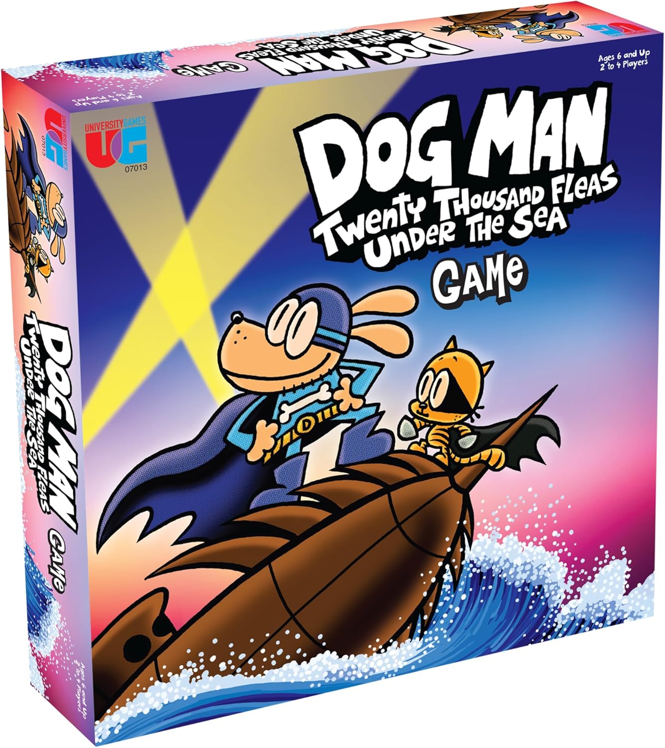 Dog Man and a cat character riding a submarine on a board game box.