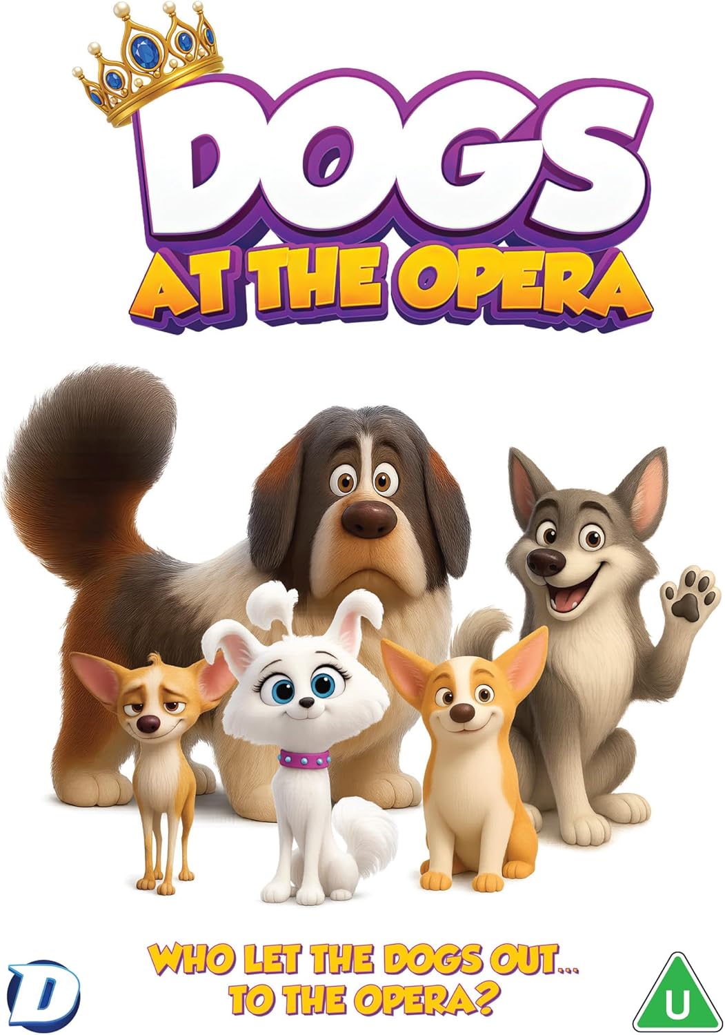 Five cartoon dogs stand together under the title Dogs at the Opera with a crown.