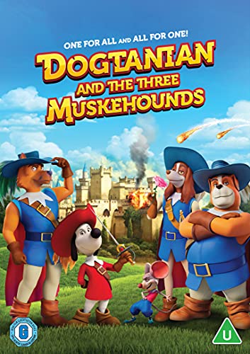 DVD cover featuring animated dog musketeers and a mouse in front of a castle.