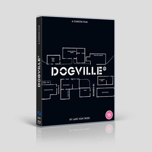 Dogville Blu-ray case with a black cover showing a white floor plan map design.
