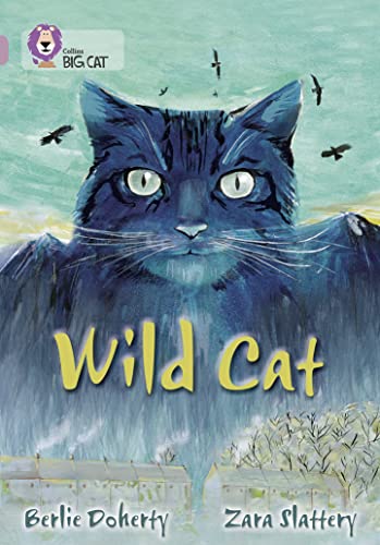 Blue cat illustration with birds flying, book cover for "Wild Cat".