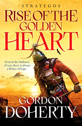 Book cover: armored warrior with sword, sunset, and distant city.