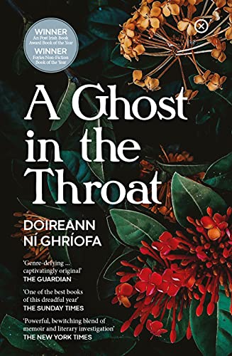 Book cover: "A Ghost in the Throat" with floral and leaf imagery.