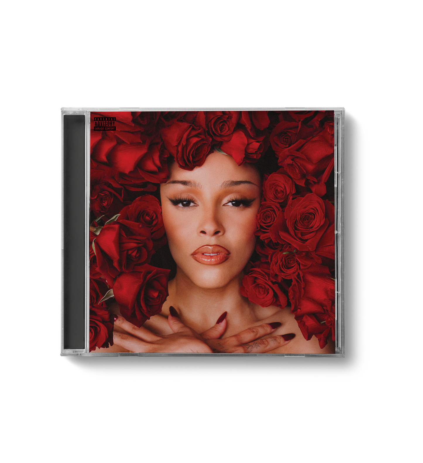 Doja Cat album cover, “Vie”, featuring a woman surrounded by red roses.