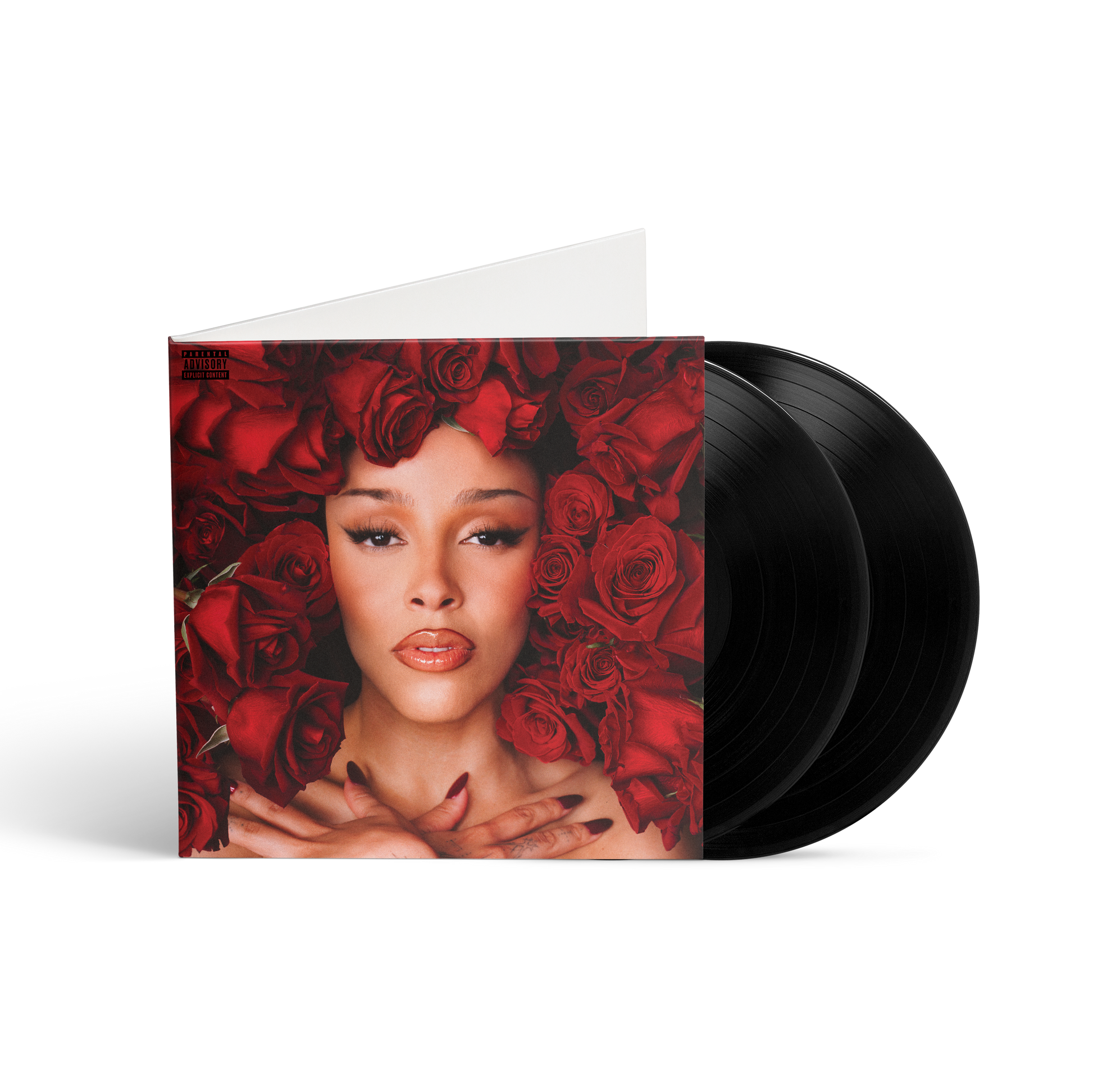 Doja Cat's "Vie" vinyl record with a red rose floral cover.