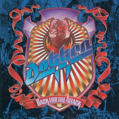 Dokken Back for the Attack album cover featuring a shield, phoenix, and red ribbon.