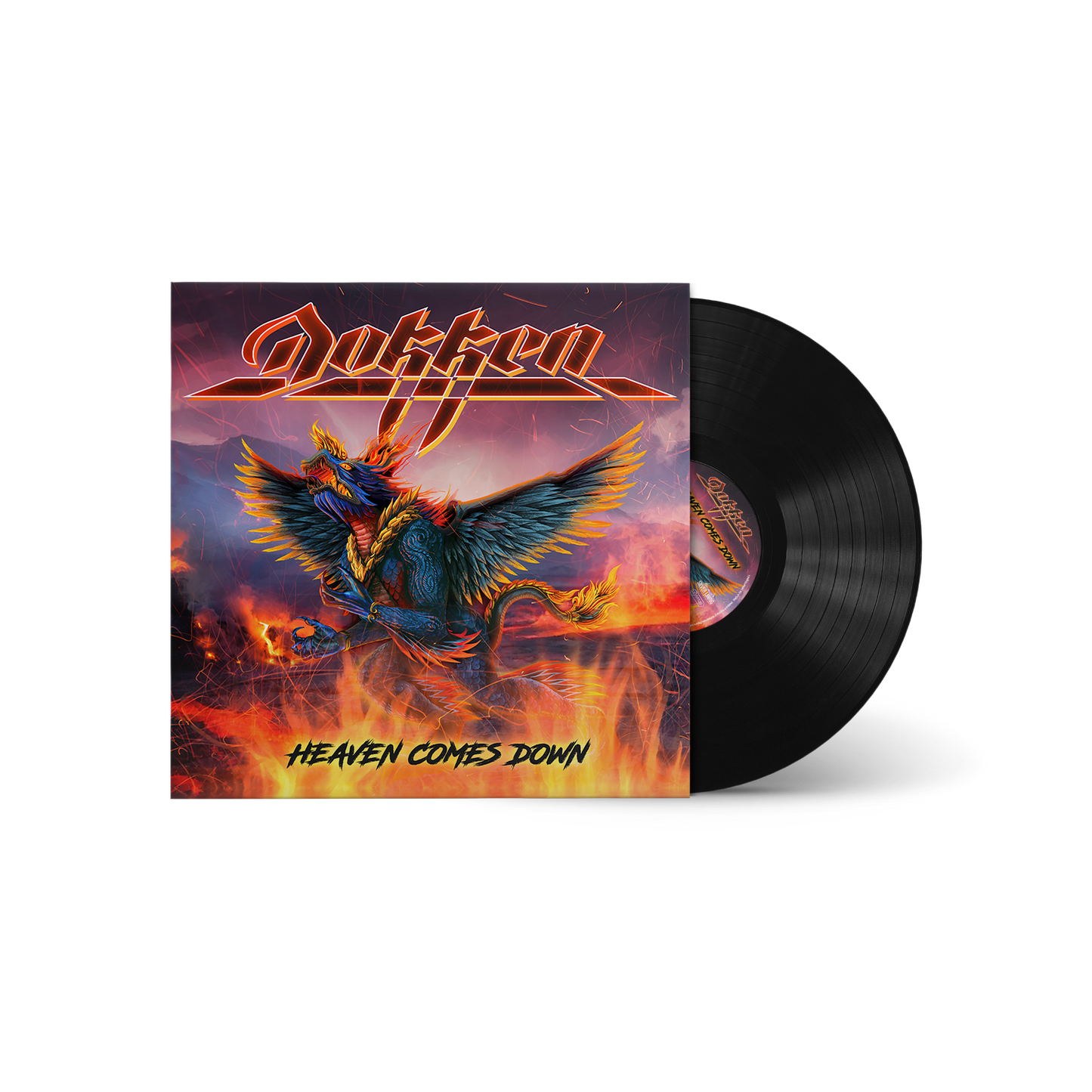 "Vinyl record with cover art featuring a phoenix and the title 'Heaven Comes Down'."