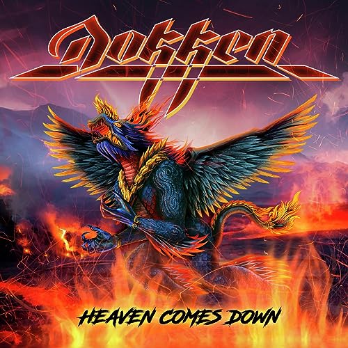 Dokken album cover: a vibrant dragon amidst flames and mountains.
