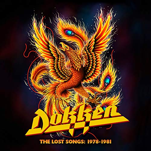 "Album cover with fiery phoenix and 'Dokken' in yellow text on a black background."