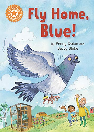 Book cover: a grey pigeon flying over a boy and garden.