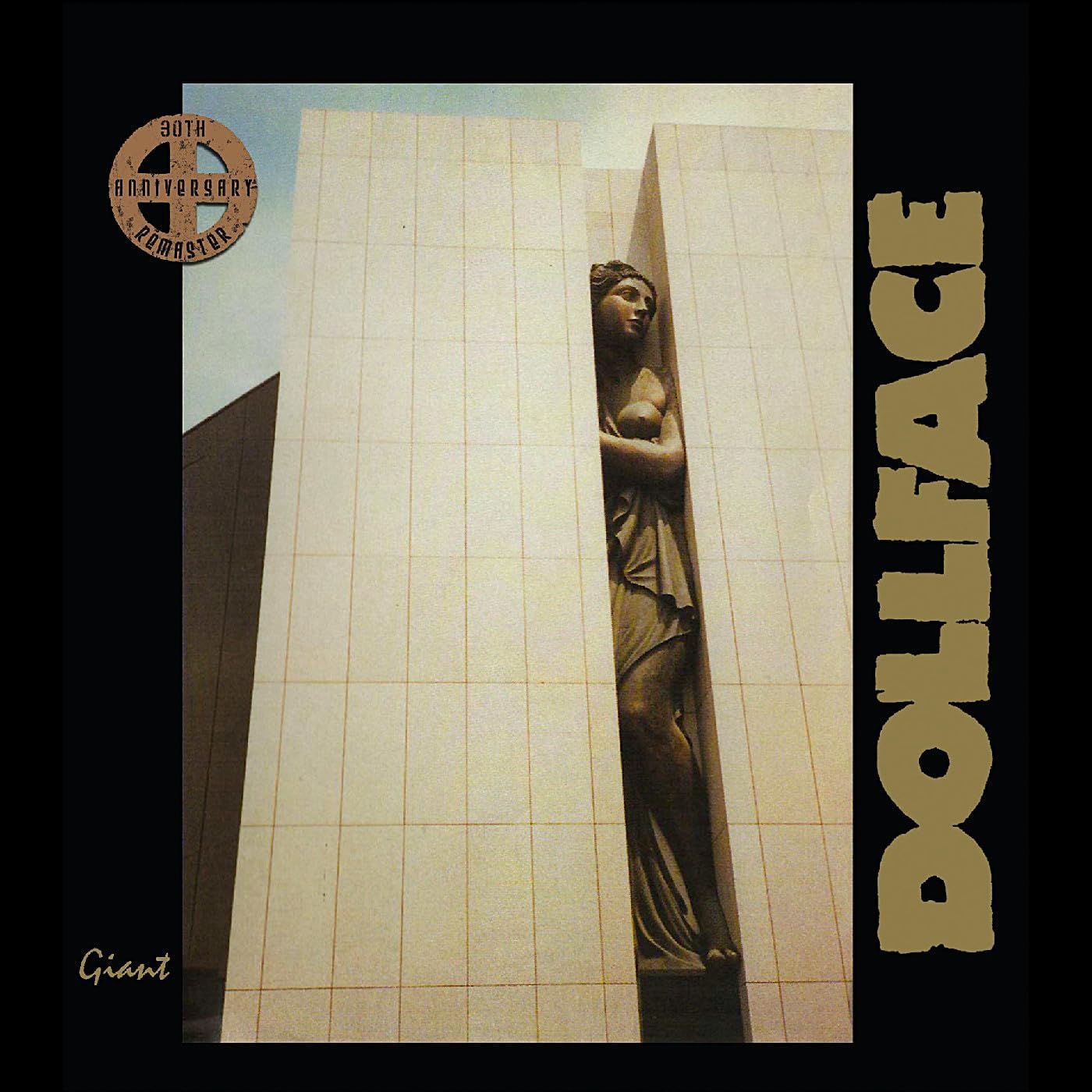 Album cover for Dollface’s “Giant” featuring a statue and geometric shapes.