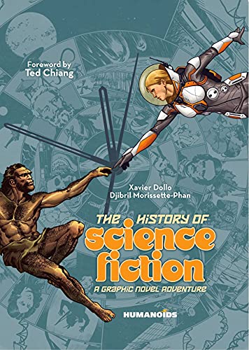 Book cover: caveman and astronaut reaching towards each other, circular portraits.