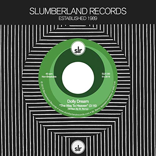 A green vinyl record with white text on a black and white striped background.