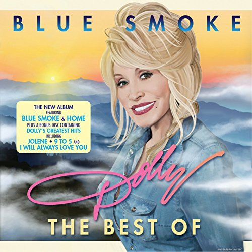 Dolly Parton portrait on a CD cover with a mountain sunset background.