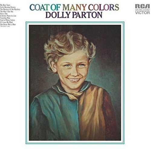"Dolly Parton's 'Coat of Many Colours' vinyl album cover featuring a child in a colorful coat."