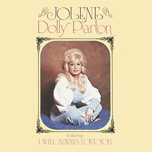 Dolly Parton posing for the Jolene album cover inside a decorative black frame.