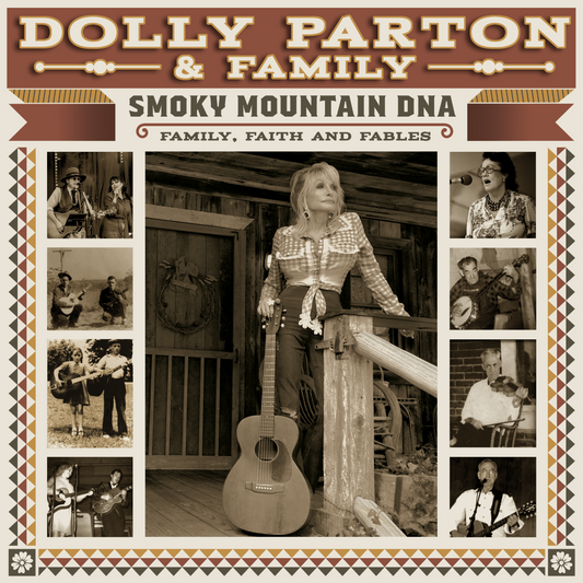 CD cover for Dolly Parton’s “Smoky Mountain DNA” featuring family photos.