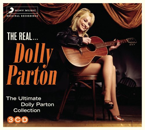 Dolly Parton seated with a guitar on a stool, album cover art.