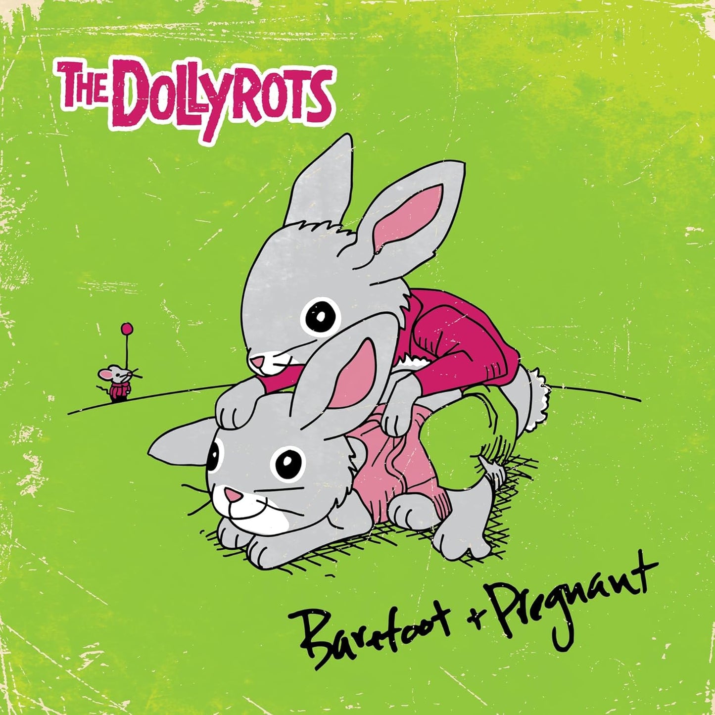 Two cartoon rabbits in sweaters on a green background with a small mouse nearby.
