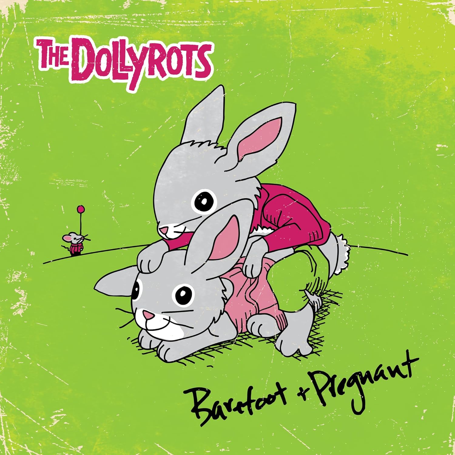 Two cartoon rabbits in sweaters on a green background with a small mouse nearby.