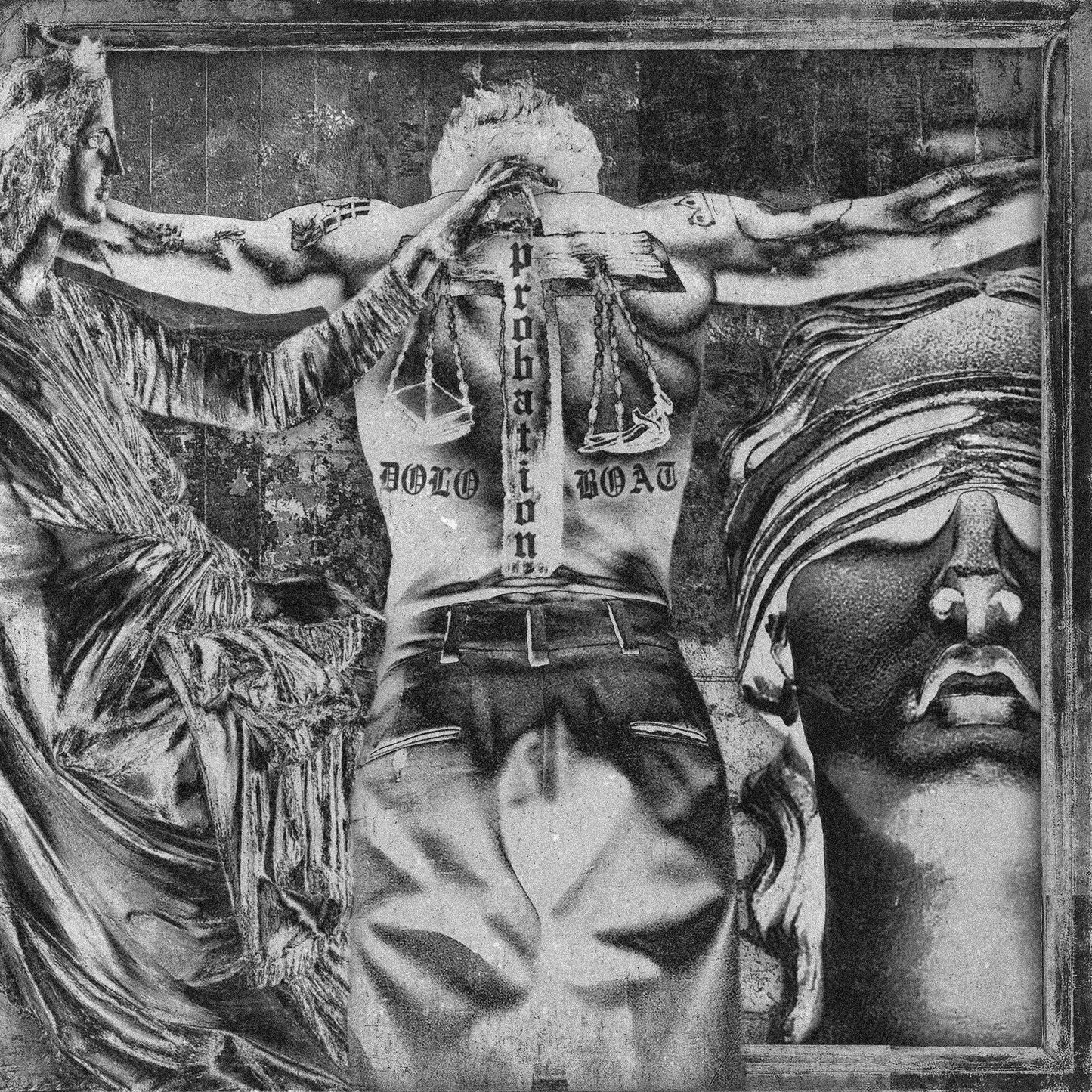 Black and white collage showing a man with a cross tattoo between two statues.