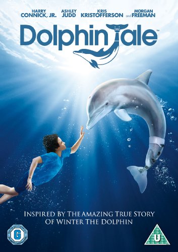 A boy reaches out to a dolphin with a prosthetic tail underwater.