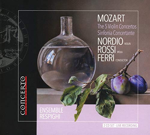 CD cover for Mozart violin concertos featuring a vase, plums, and leaves.
