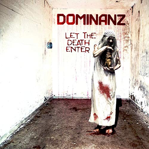 Bloody figure holding a doll in a narrow, textured hallway.