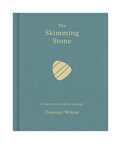 Book cover: teal background, yellow title "The Skimming Stone", and a simple stone illustration.