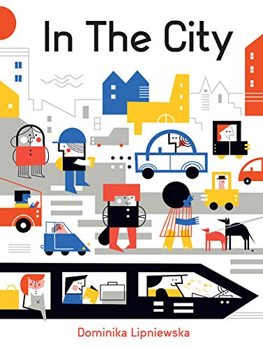 Stylized illustration of people, cars, and buildings in a colorful city scene.