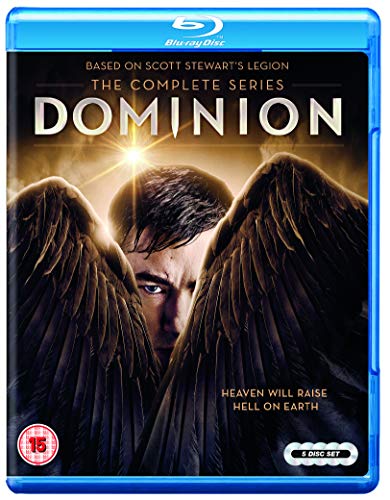 Blue Blu-ray case with "Dominion" cover art, featuring a man with large wings.