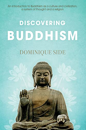 Book cover titled Discovering Buddhism by Dominique Side featuring a Buddha statue and lotus flowers.