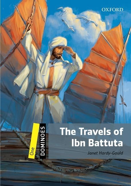 Book cover depicting a man with a ship, titled “The Travels of Ibn Battuta.”