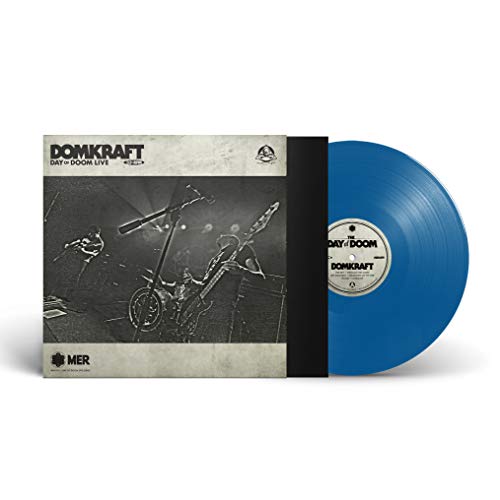 Domkraft Day Of Doom Live album cover with a blue vinyl record disc.