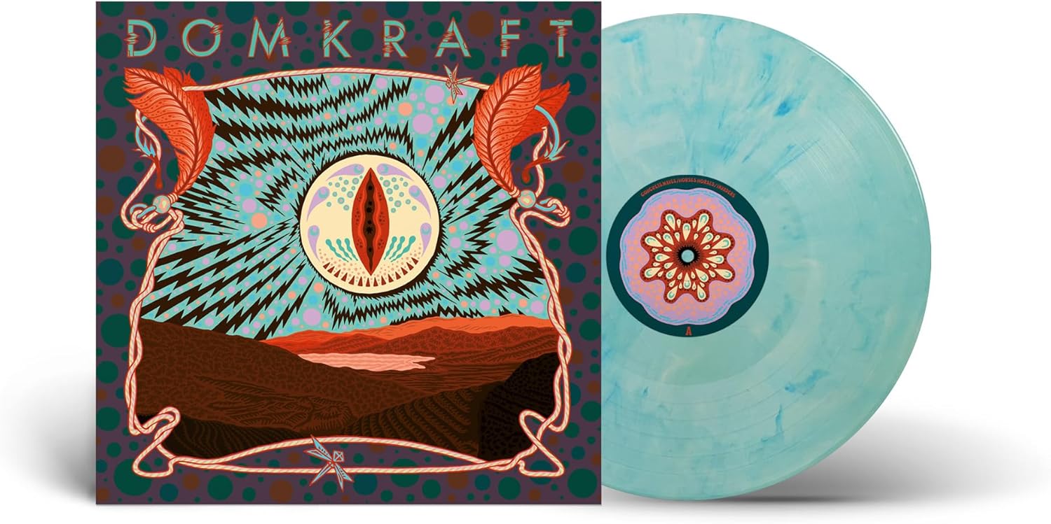 Colorful vinyl record with an eye-like design and feather illustrations.