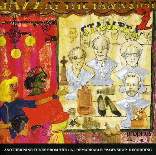 CD cover: colorful, illustrative scene of a pawnshop with portraits.