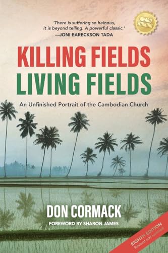Book cover: "Killing Fields, Living Fields" with palm trees and green fields.