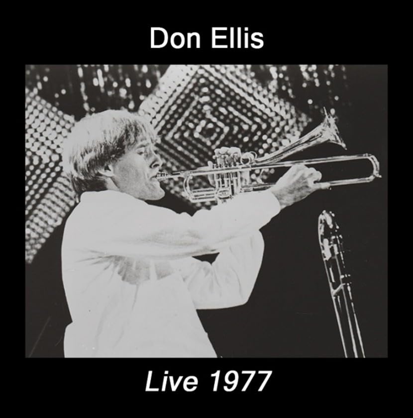 Don Ellis playing trumpet live in 1977, black and white photo.