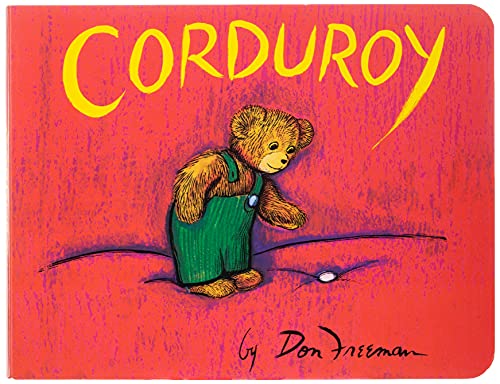 Red book cover with illustration of a teddy bear in overalls.