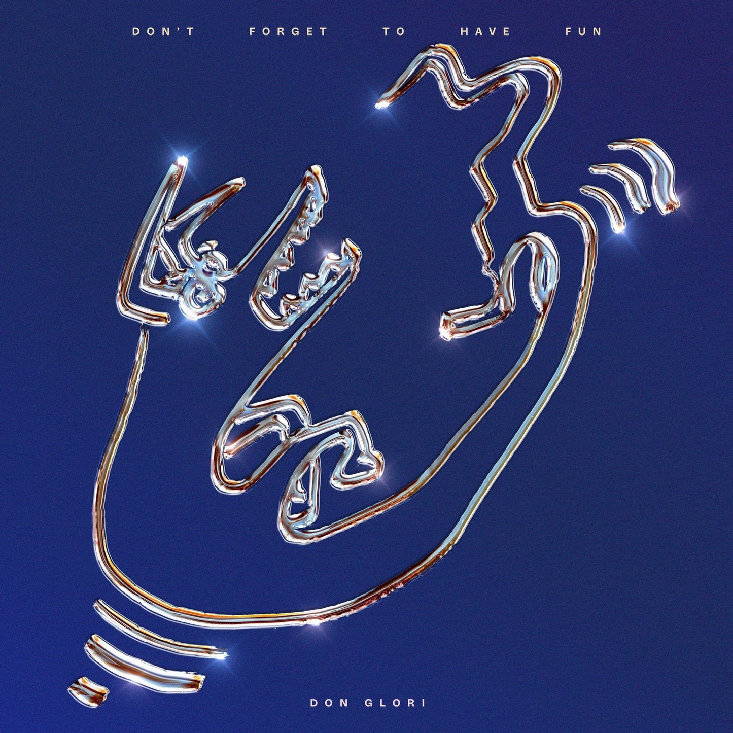 A chrome, metallic line-art drawing of a face on a dark blue background.