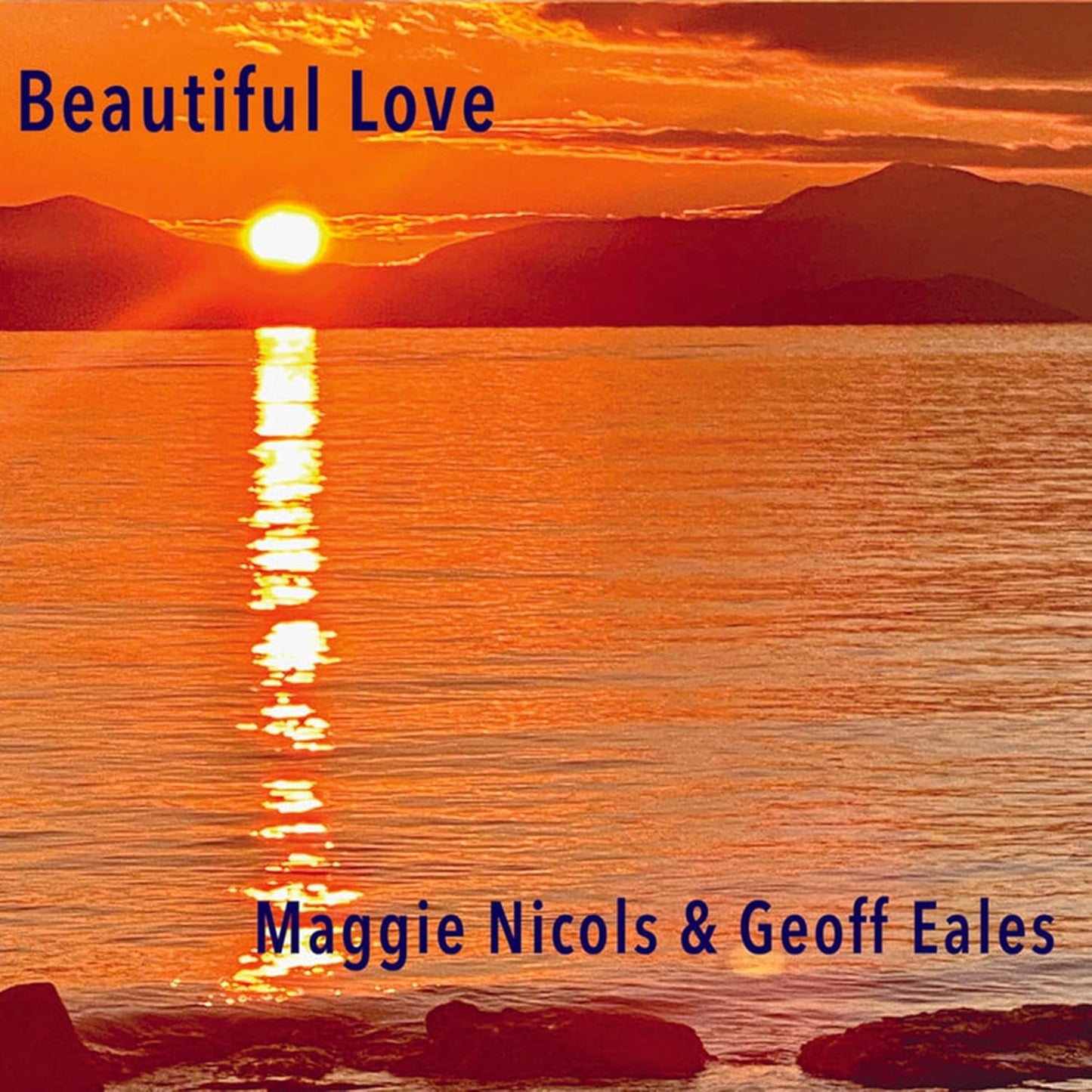 Sunset over ocean with text "Beautiful Love" and artist names.