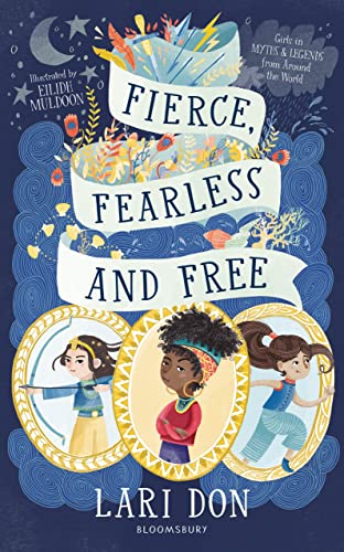 Book cover featuring three illustrated girls in golden frames against a dark blue background.