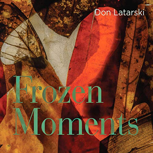 Album cover with "Frozen Moments" in green text, surrounded by autumn leaves and butterfly wings.
