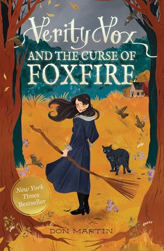 A girl with a broom and a black cat stand in a golden field.
